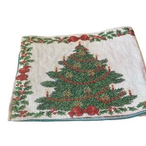 Christmas Holiday Table Runner Tree Holly Candles Red Green 68” x 12”